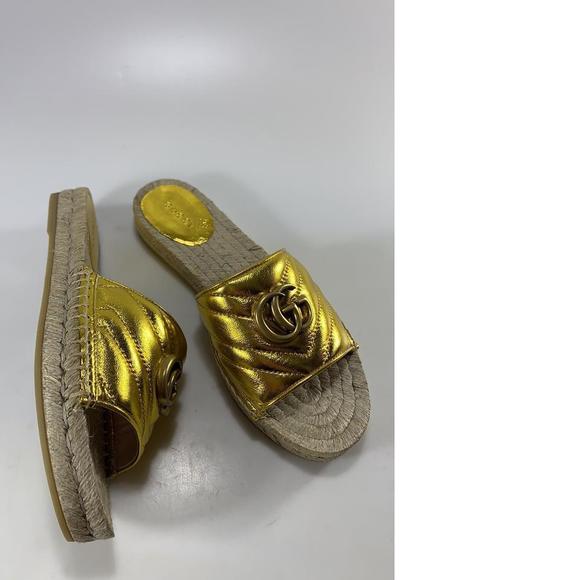 Gold Metallic GG logo Jute Classic Pool Slide Espadrilles D684 - Picture 10 of 12